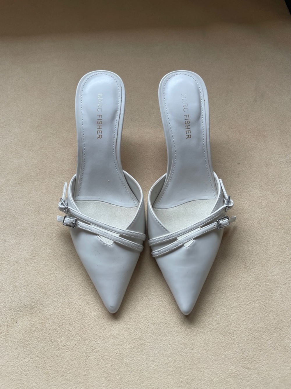 Marc Fisher Cream Pointed-Toe Slip-On Mules with Dual Straps